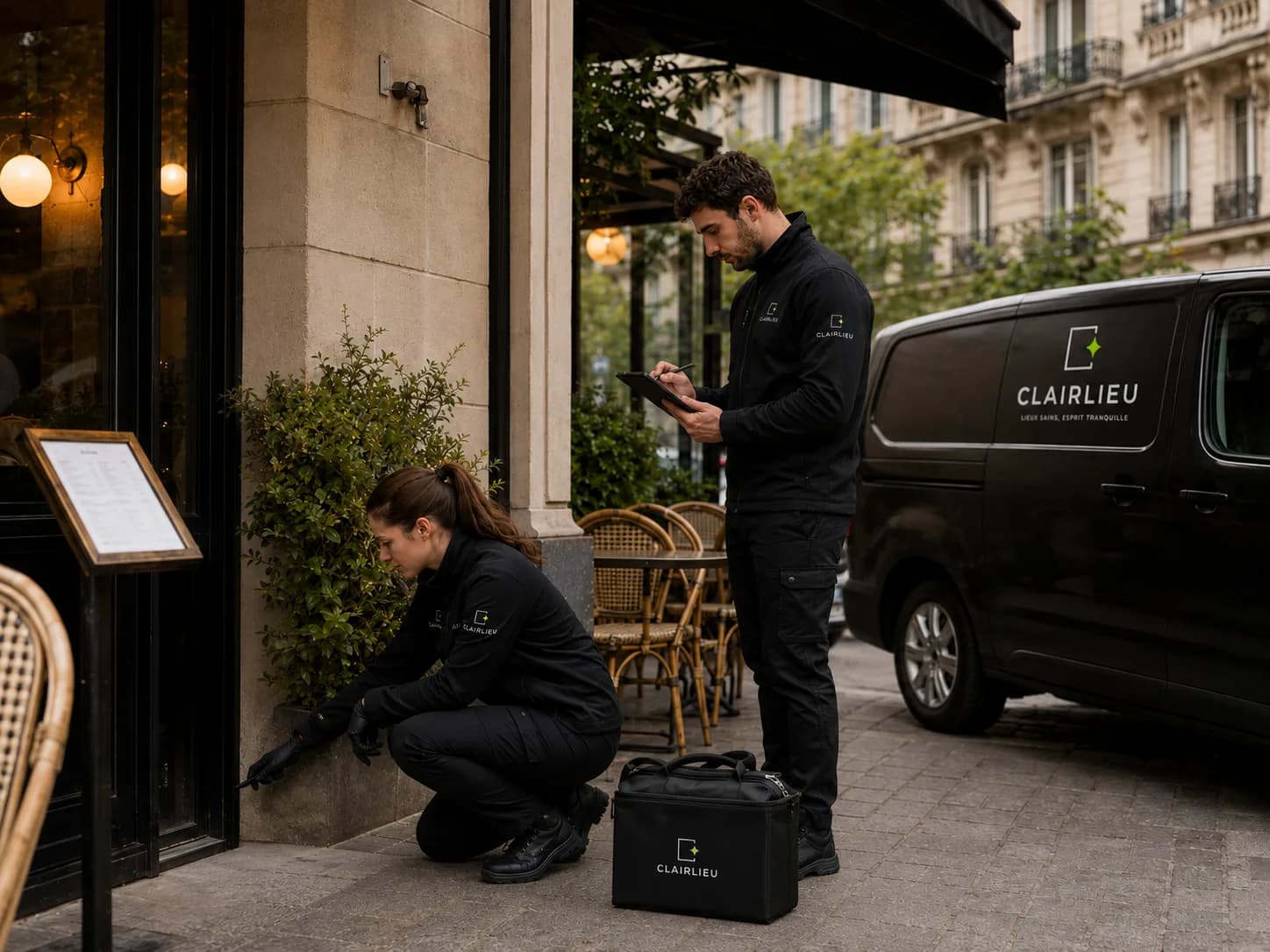 Techniciens rédigeant un rapport d'hygiène devant un restaurant