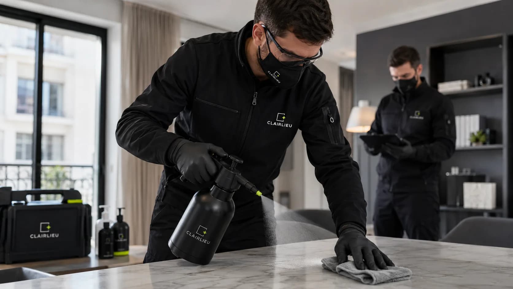 Décontamination d'une surface pendant qu'un collègue rédige le rapport
