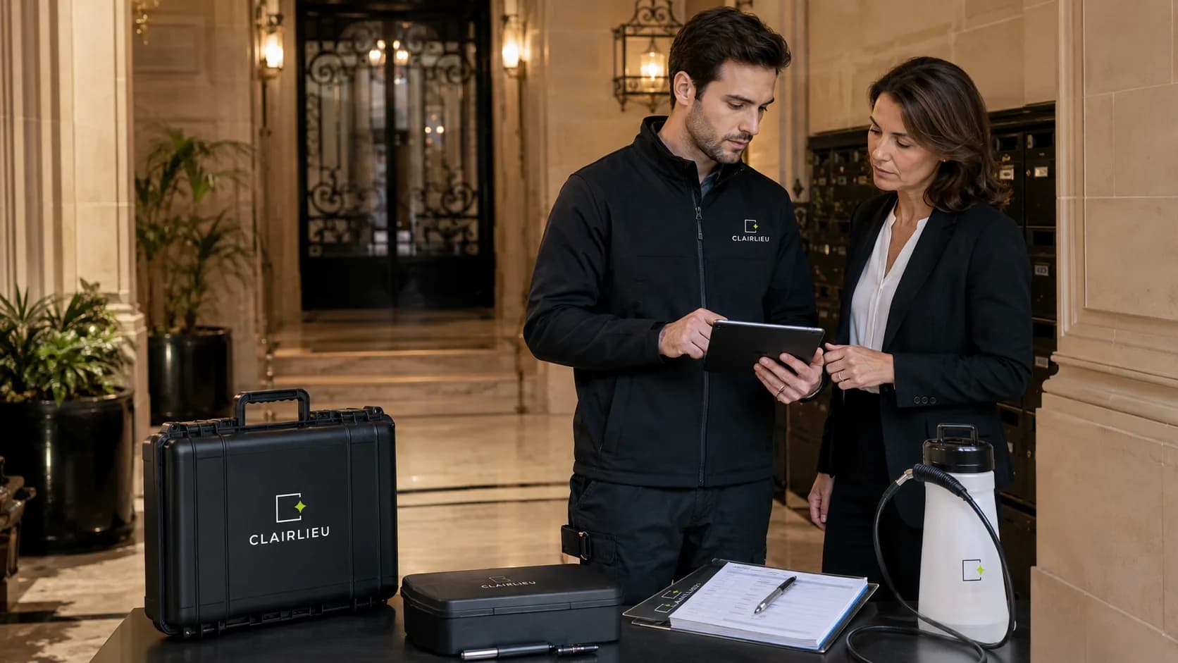 Technicien présentant un rapport de suivi à une gestionnaire de syndic