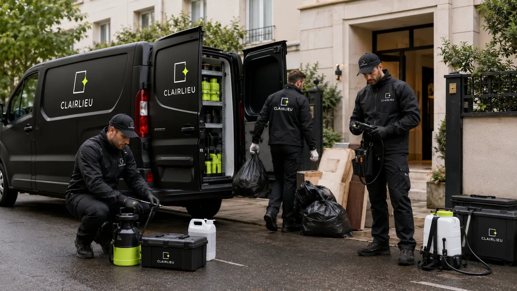 Équipe préparant une intervention d'urgence devant un immeuble